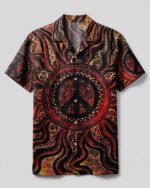 Front view of the peace abstract camp shirt featuring vibrant red and black patterns, promoting a message of peace.