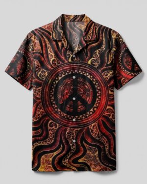 Front view of the peace abstract camp shirt featuring vibrant red and black patterns, promoting a message of peace.