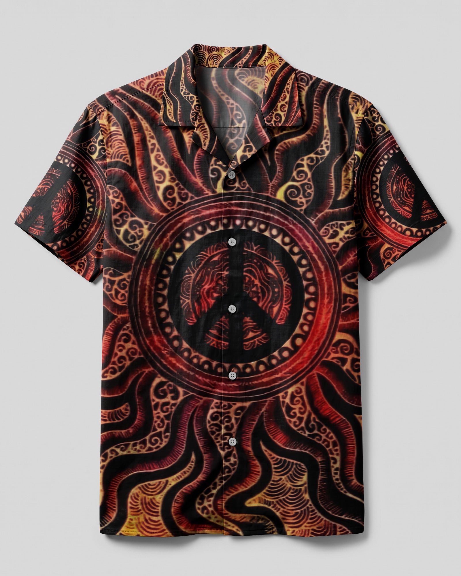 Peace Abstract Camp Shirt | Vibrant Design Front view of the peace abstract camp shirt featuring vibrant red and black patterns, promoting a message of peace.