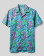 Front view of the hippie ocean breeze camp shirt featuring a vibrant blue and pink design with peace symbols.