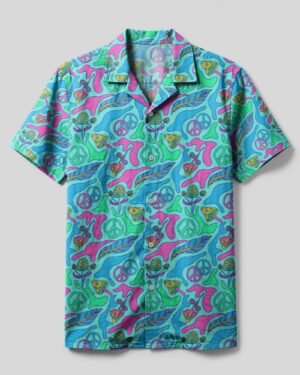 Front view of the hippie ocean breeze camp shirt featuring a vibrant blue and pink design with peace symbols.