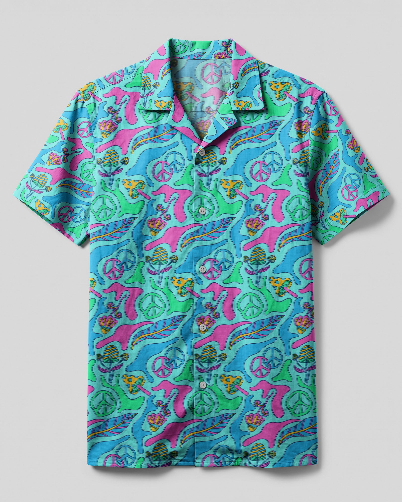 Hippie Ocean Breeze Camp Shirt Front view of the hippie ocean breeze camp shirt featuring a vibrant blue and pink design with peace symbols.