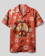 Front view of the ladybug peace symbol camp shirt, featuring vibrant floral designs on a coral background.