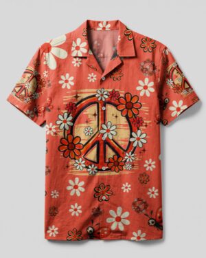 Front view of the ladybug peace symbol camp shirt, featuring vibrant floral designs on a coral background.