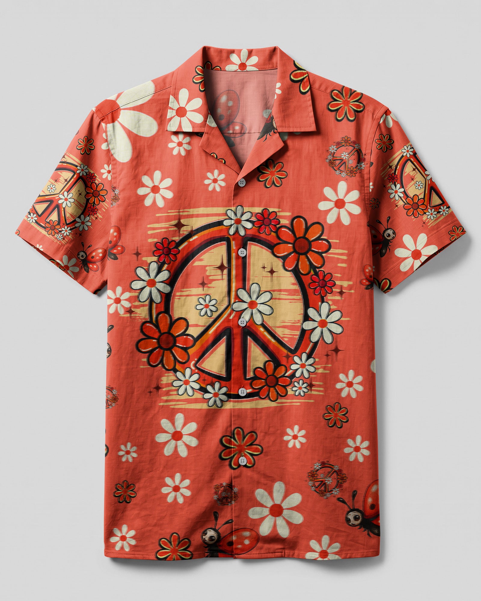 Ladybug Peace Symbol Camp Shirt Front view of the ladybug peace symbol camp shirt, featuring vibrant floral designs on a coral background.