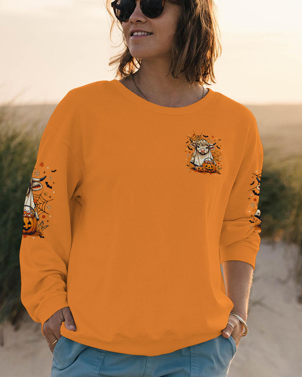 Bullsheet Moo I Mean Boo Shirt | Halloween Fun Casual outdoor shot of the Bullsheet Moo I Mean Boo shirt, blending fun Halloween design with everyday wear.