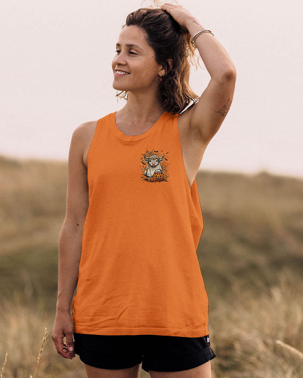 Bullsheet Moo I Mean Boo Shirt | Halloween Fun Side angle of the Bullsheet Moo I Mean Boo shirt, showcasing its comfortable fit and lively Halloween theme.