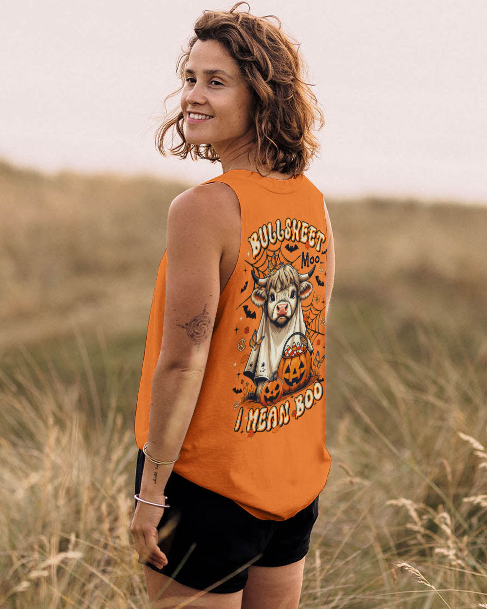 Bullsheet Moo I Mean Boo Shirt | Halloween Fun Back design of the Bullsheet Moo I Mean Boo shirt, with an emphasis on the fun Halloween cow character.
