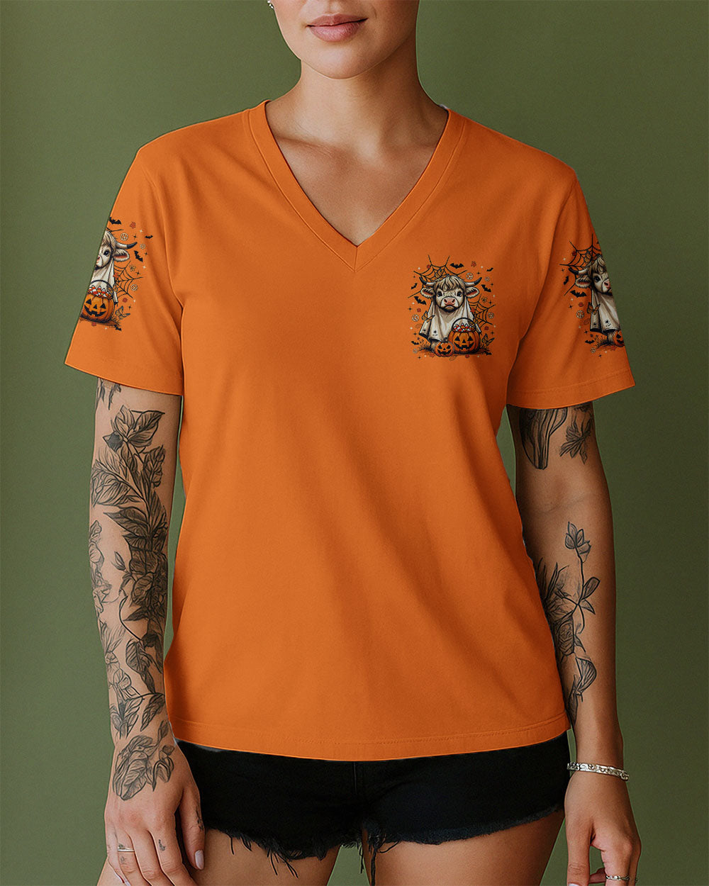 Bullsheet Moo I Mean Boo Shirt | Halloween Fun Side view of the Bullsheet Moo I Mean Boo shirt, emphasizing its oversized fit and colorful Halloween elements.