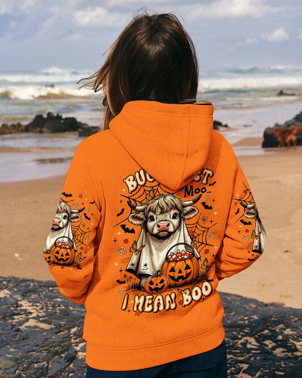 Bullsheet Moo I Mean Boo Shirt | Halloween Fun Close-up of the Bullsheet Moo I Mean Boo shirt's neckline, showcasing quality stitching and vibrant print.