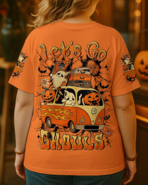 Back view of the Let's Go Ghouls Boo shirt in vibrant orange with fun Halloween graphics.