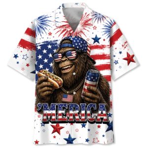 Front view of the 'merica bigfoot Hawaiian shirt featuring a festive design with stars and stripes.