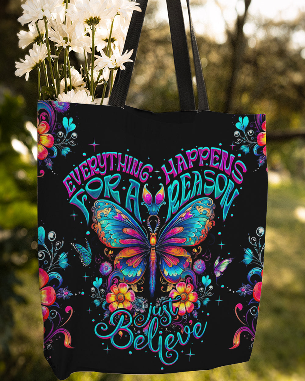 Just Believe Tote Bag | Motivational Floral Design Back view of the just believe tote bag showcasing vibrant floral patterns and detailed artwork.
