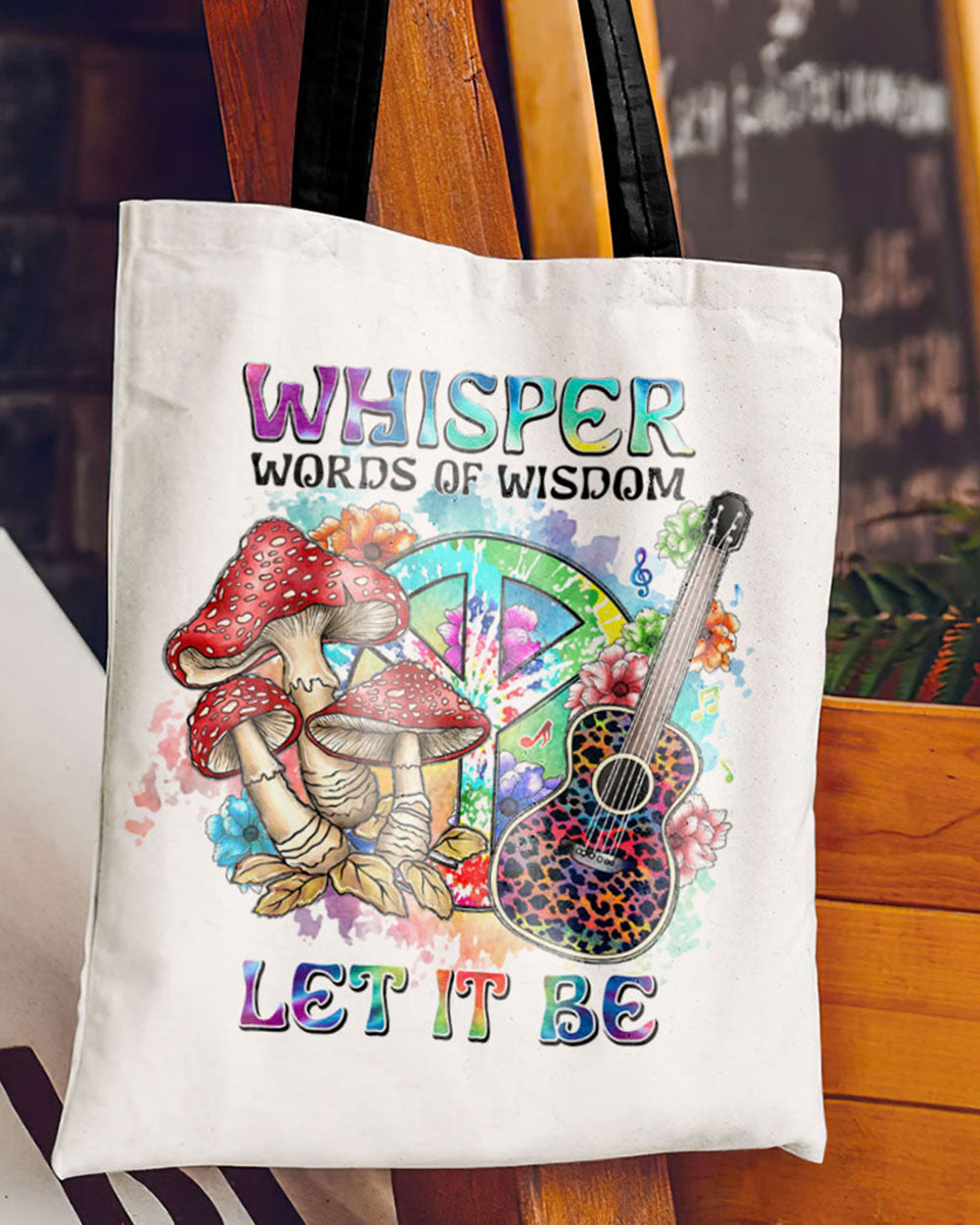 Whisper Words of Wisdom Leopard Guitar Tote Bag Front view of the WHISPER WORDS OF WISDOM LEOPARD GUITAR TOTE BAG featuring vibrant colors and unique design.
