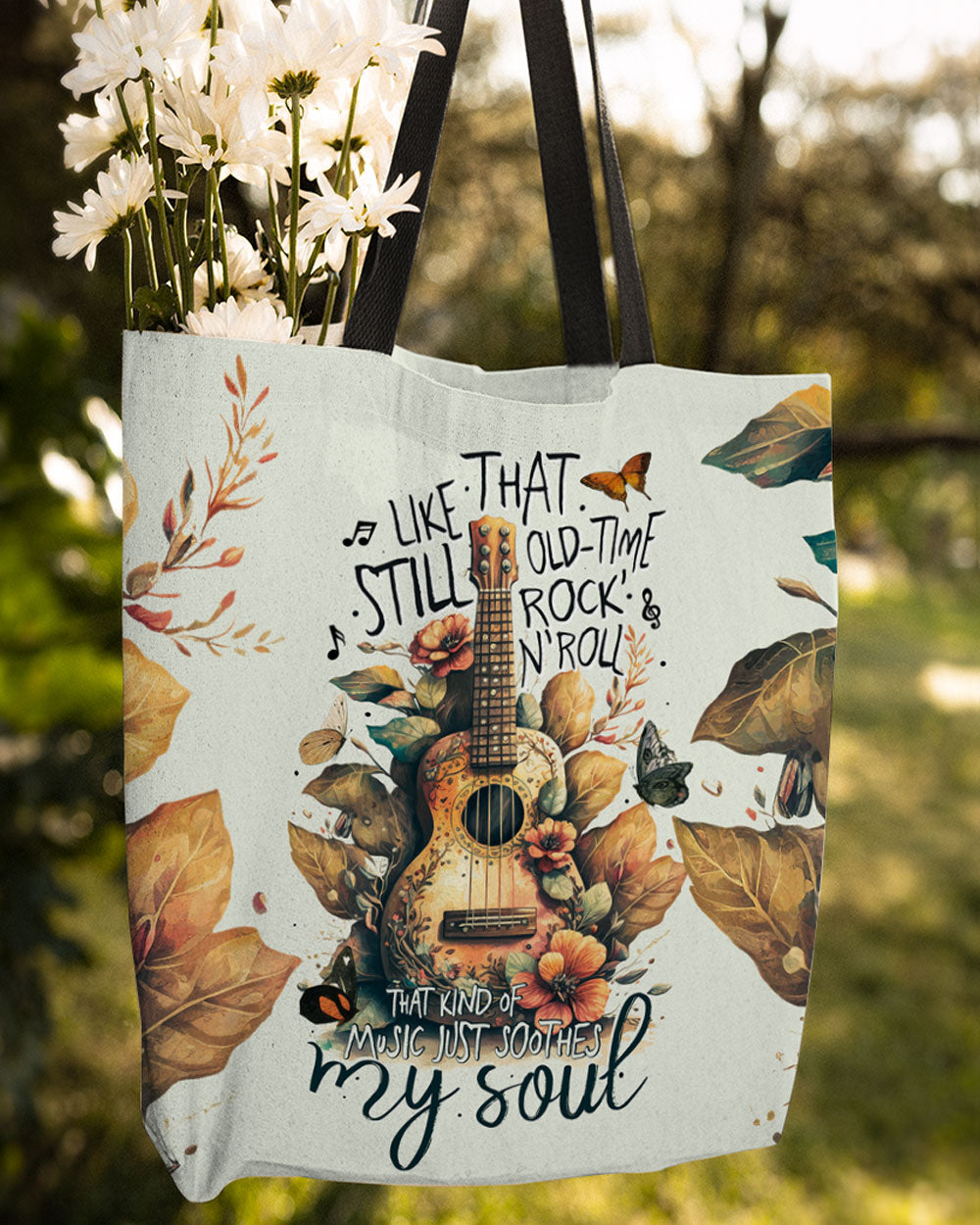 Music Just Soothes My Soul Tote Bag Close-up detail of the music just soothes my soul tote bag, showcasing vibrant colors and intricate graphics.
