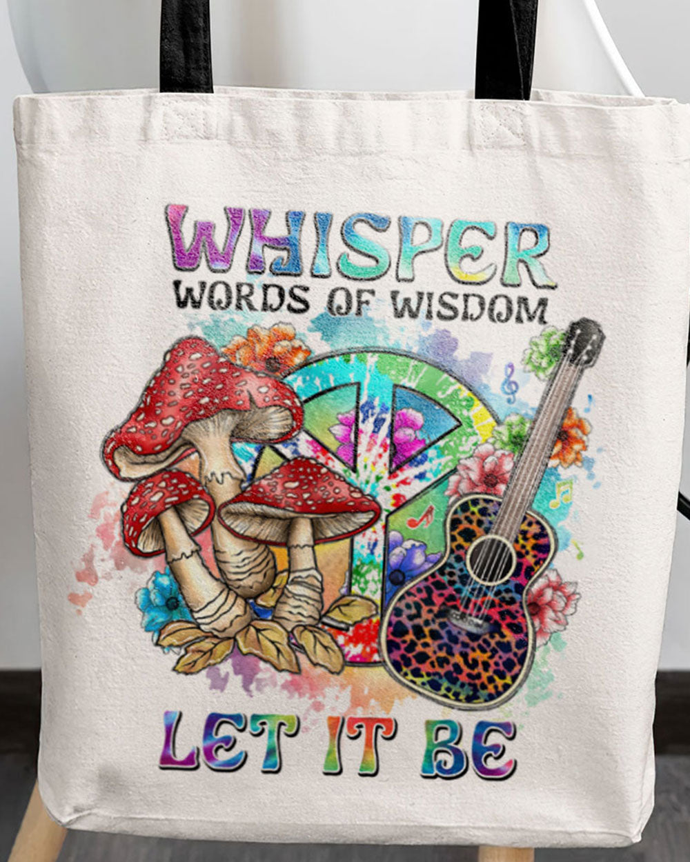 Whisper Words of Wisdom Leopard Guitar Tote Bag Back angle of the WHISPER WORDS OF WISDOM LEOPARD GUITAR TOTE BAG, showcasing its durable fabric and stylish straps.