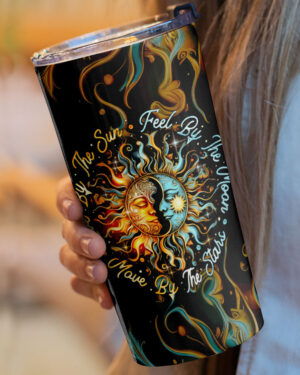 Front view of the Live By the Sun insulated tumbler, featuring a vibrant 'Feel By the Moon' design.