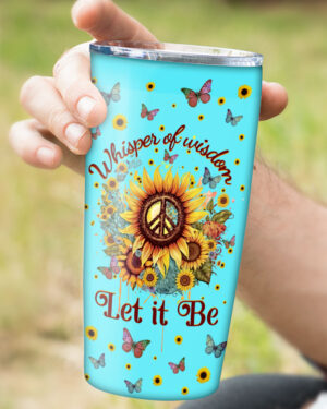 Side view of the Whisper of Wisdom sunflower tumbler showcasing vibrant colors and floral design details.