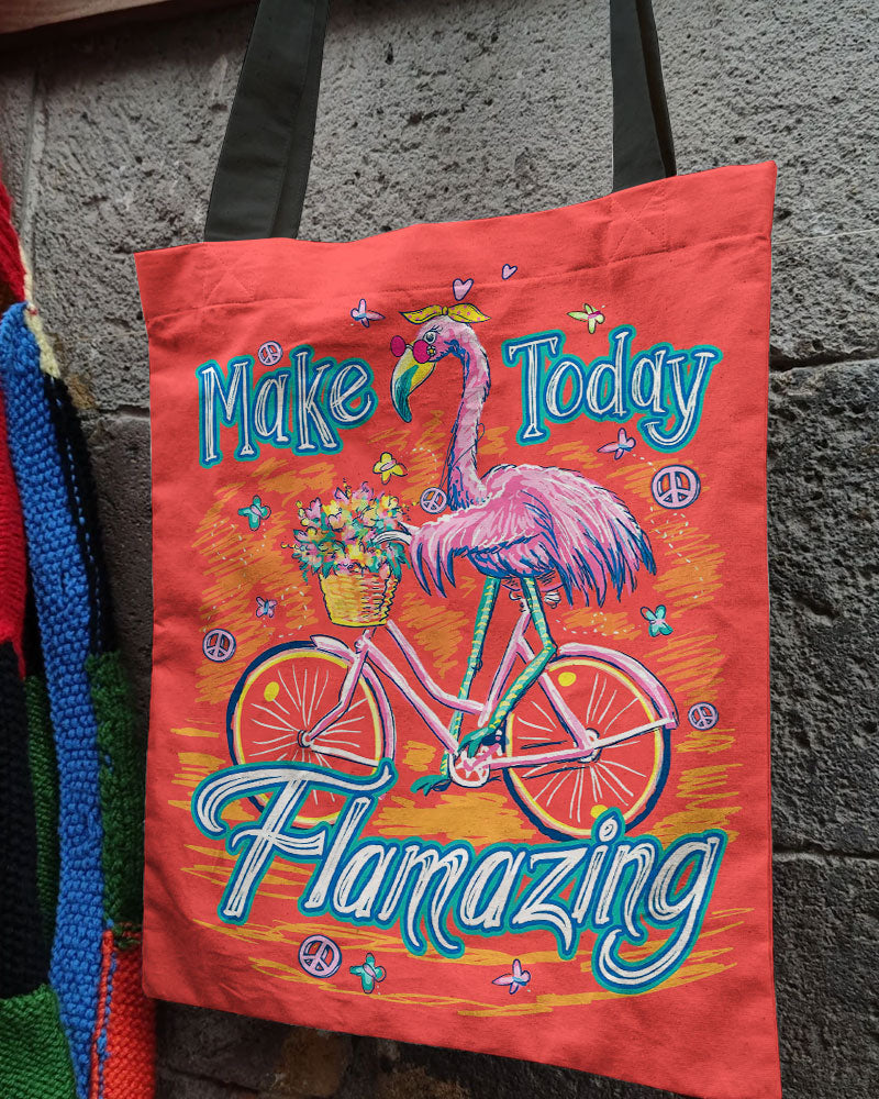Make Today Flamazing Tote Bag Close-up detail of the MAKE TODAY FLAMAZING TOTE BAG's playful design, highlighting the flamingo and flowers.