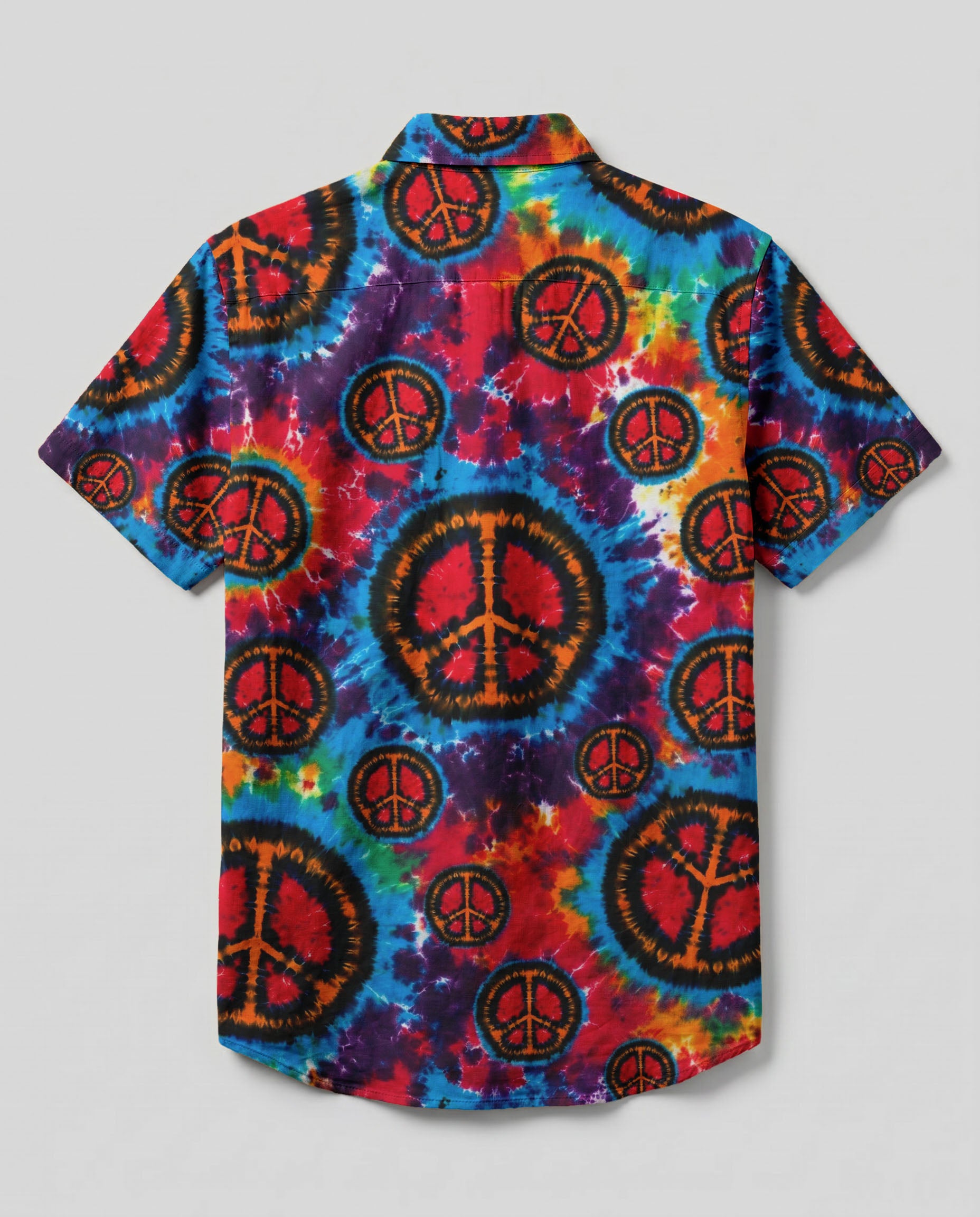 Rainbow Peace Burst Button-Down Collar Shirt Back view of the rainbow peace burst button-down shirt showcasing the colorful design and collar.