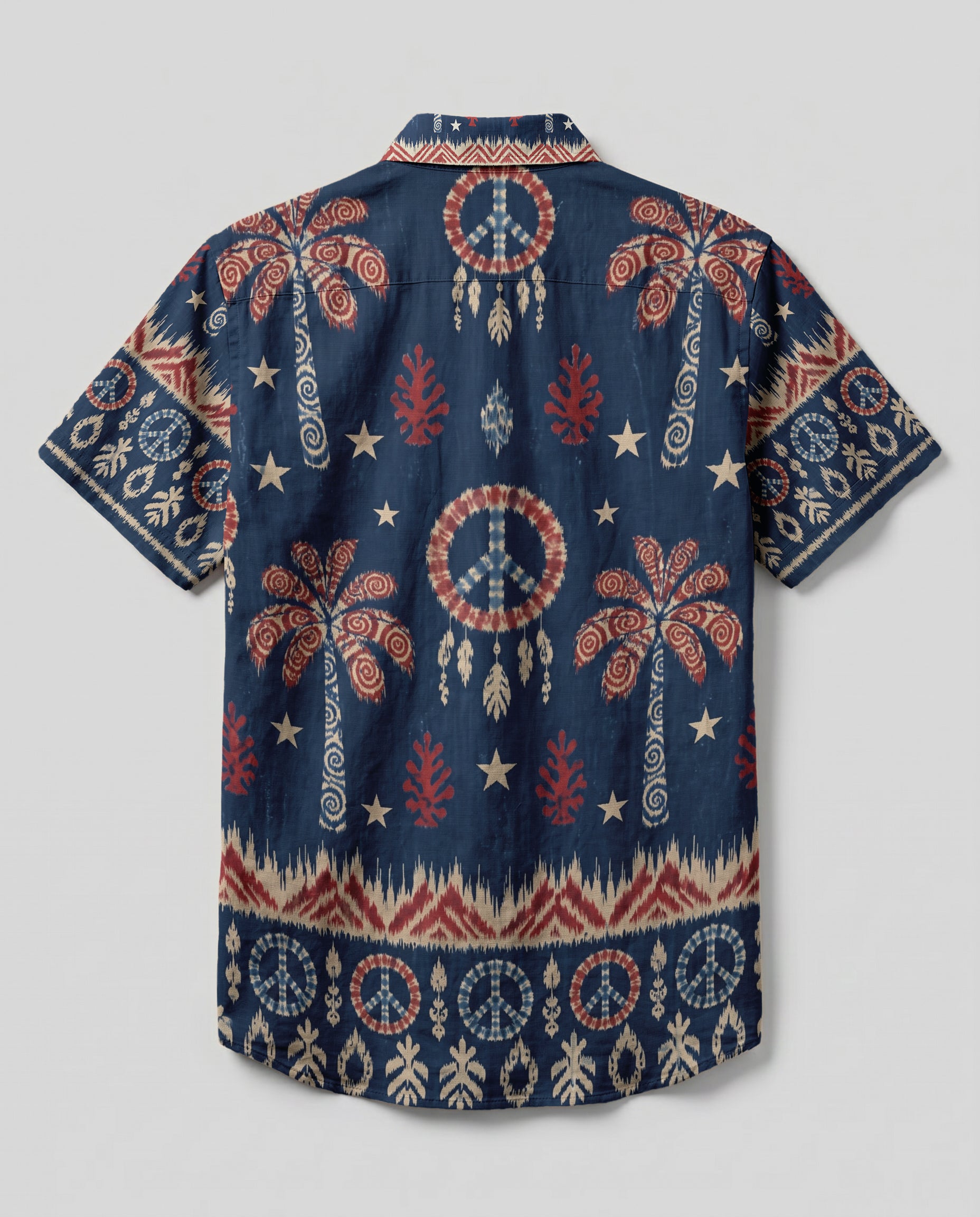 Peace Palm Ikat Button-Down Shirt Back view of the Peace Palm Ikat Button-Down Shirt showcasing intricate patterns and a stylish collar.