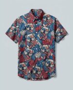 Front view of the American Bulldog button-down collar shirt featuring vibrant colors and playful dog prints.