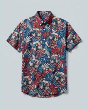 Front view of the American Bulldog button-down collar shirt featuring vibrant colors and playful dog prints.