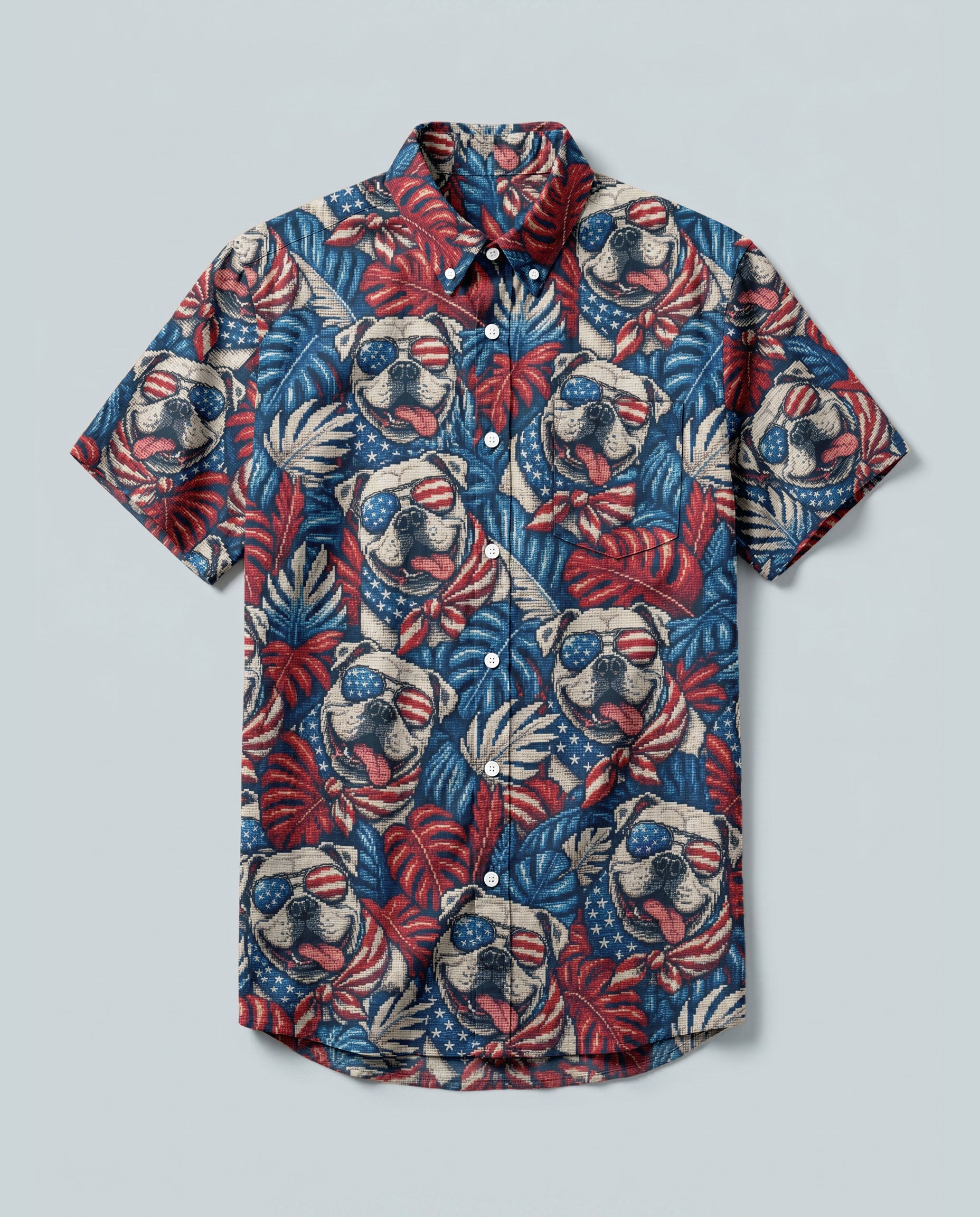 American Bulldog Button-Down Collar Shirt Front view of the American Bulldog button-down collar shirt featuring vibrant colors and playful dog prints.