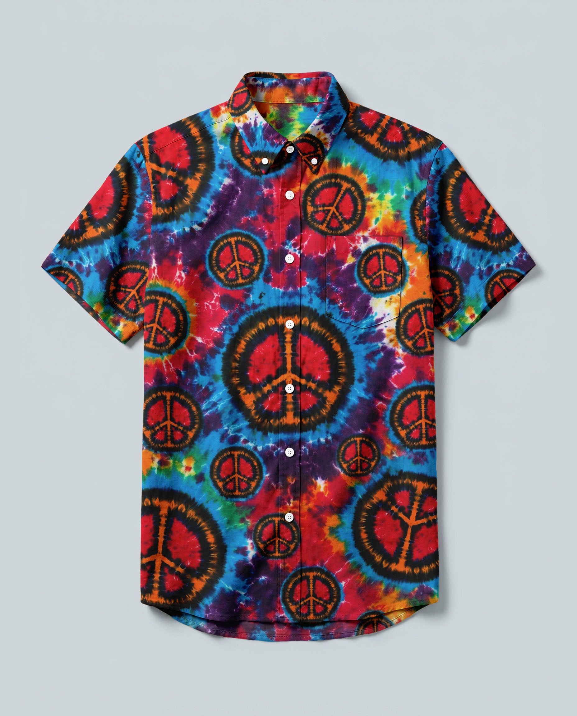 Rainbow Peace Burst Button-Down Collar Shirt Front view of the rainbow peace burst button-down shirt with vibrant tie-dye and peace symbols.