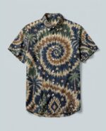 Front view of the retro swirl palm button-down shirt showcasing vibrant colors and a spiral pattern.
