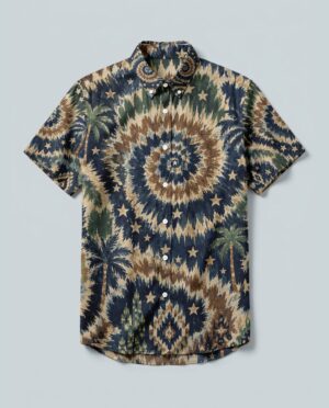 Front view of the retro swirl palm button-down shirt showcasing vibrant colors and a spiral pattern.