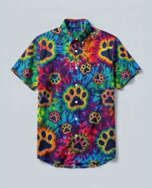 Front view of colorful burst paw print shirt showcasing vibrant tie-dye and paw prints on a short-sleeve design.