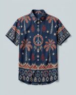 Front view of the Peace Palm Ikat Button-Down Shirt featuring a navy background with vibrant, colorful designs.