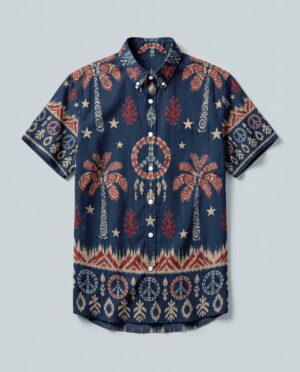 Front view of the Peace Palm Ikat Button-Down Shirt featuring a navy background with vibrant, colorful designs.