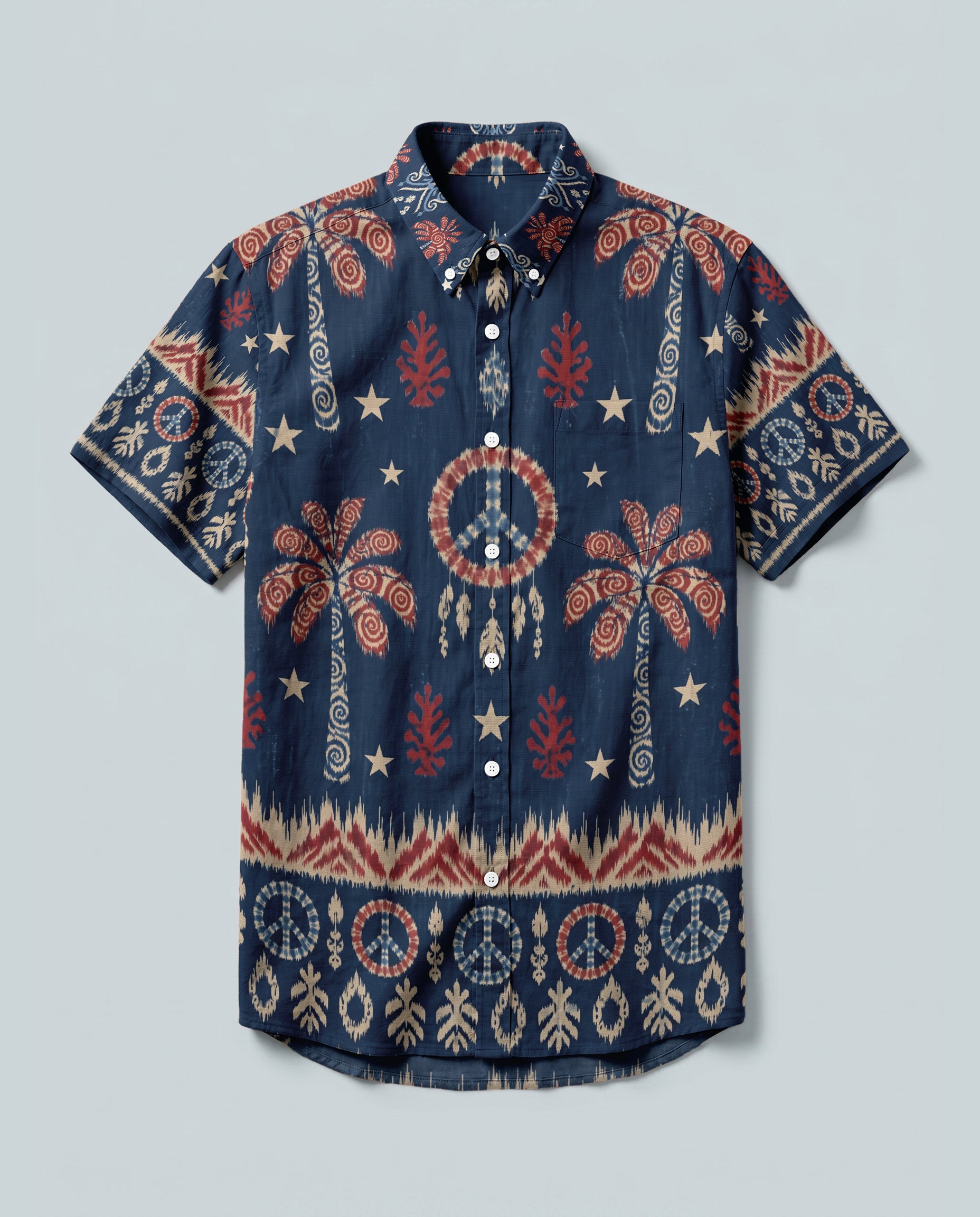 Peace Palm Ikat Button-Down Shirt Front view of the Peace Palm Ikat Button-Down Shirt featuring a navy background with vibrant, colorful designs.