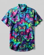 Vibrant butterfly burst button-down collar shirt featuring colorful butterfly patterns, front view.
