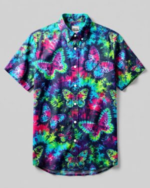 Vibrant butterfly burst button-down collar shirt featuring colorful butterfly patterns, front view.