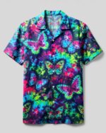Front view of the butterfly burst camp shirt featuring a vibrant tie-dye butterfly design in neon colors.