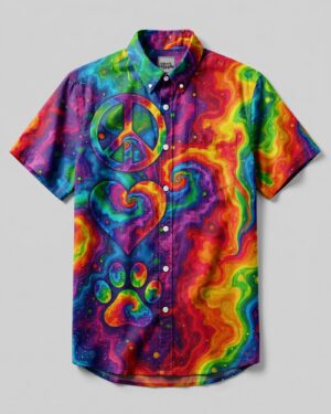 Peace Love and Paw Colorful Button-Down Collar Shirt
