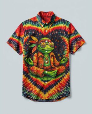 Front view of the Just Breathe Frog Swirl shirt showcasing vibrant tie-dye colors and a unique frog design.