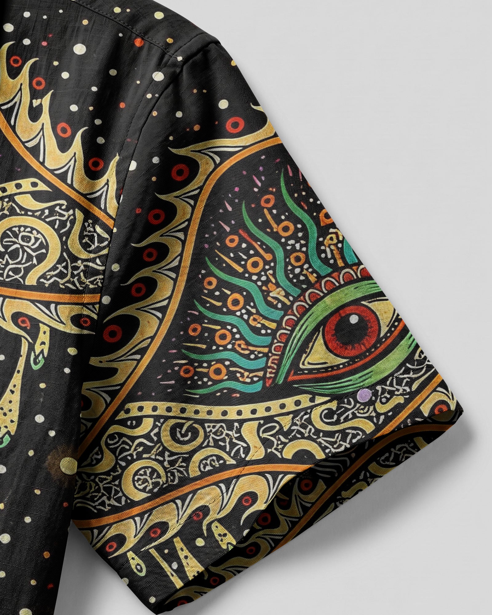 Psychedelic Eyes Mushroom Camp Shirt Lifestyle shot of the psychedelic eyes mushroom camp shirt worn outdoors, emphasizing its bold design and relaxed fit.