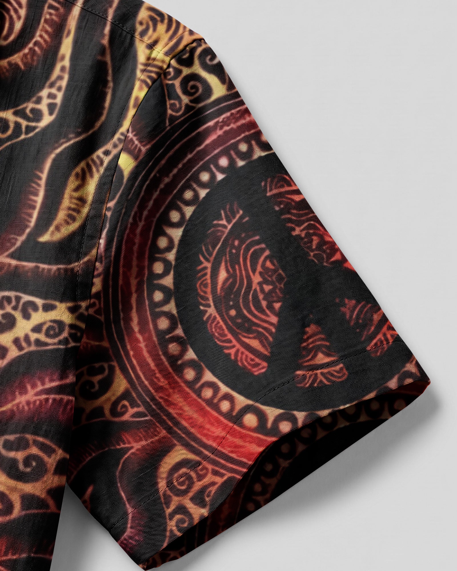 Peace Abstract Camp Shirt | Vibrant Design Lifestyle shot of a model wearing the peace abstract camp shirt outdoors, embodying a relaxed and peaceful vibe.