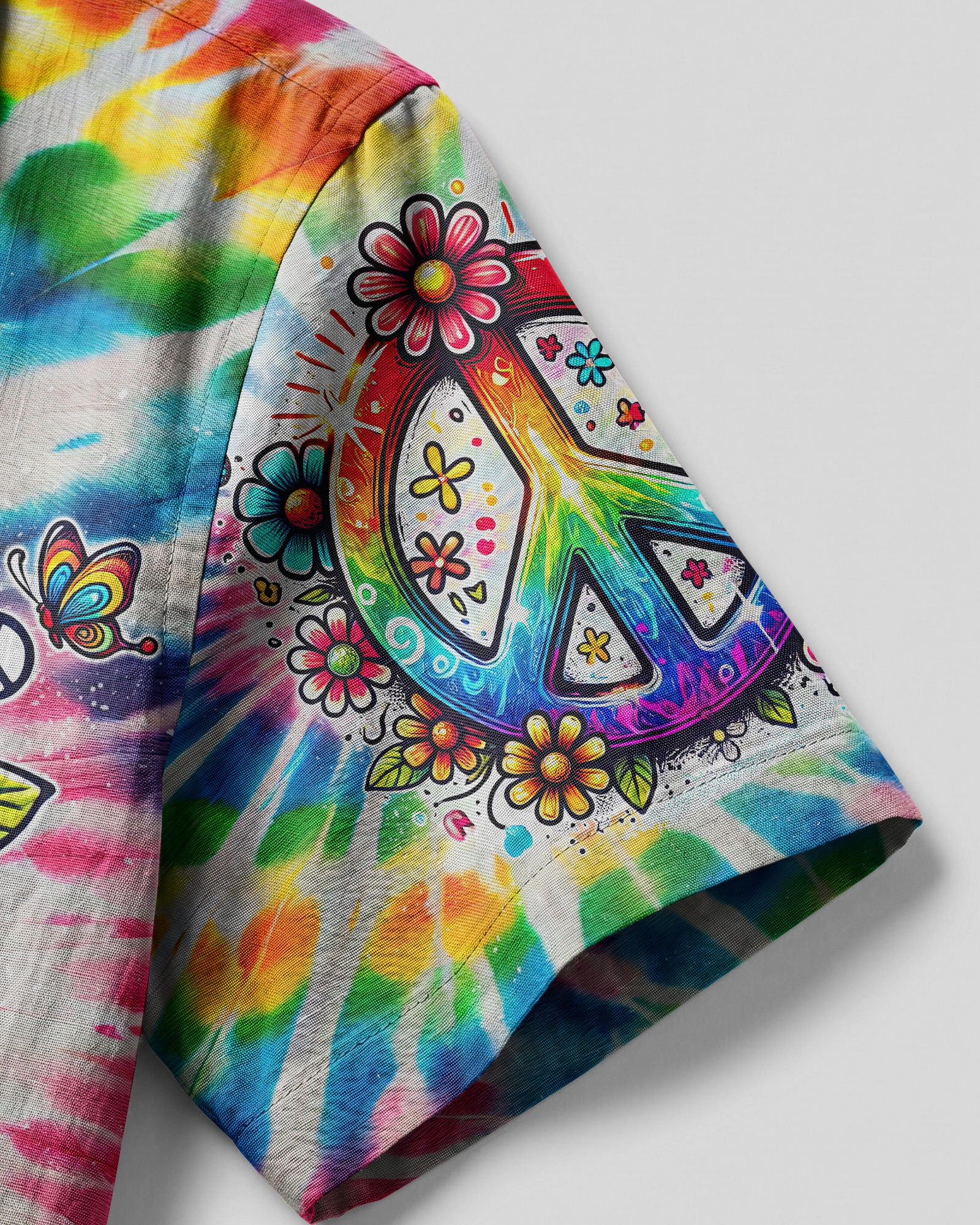 Imagine All The People Tie Dye Camp Shirt Lifestyle shot of the Imagine All The People camp shirt worn at a beach, capturing the fun and relaxed vibe of the design.