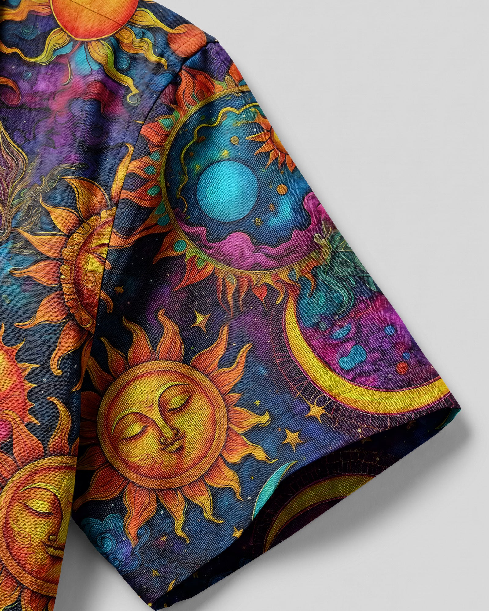 Hippie Sun Moon Stars Camp Shirt Lifestyle shot of the hippie sun moon stars camp shirt worn at a sunny outdoor event, exuding a relaxed vibe.