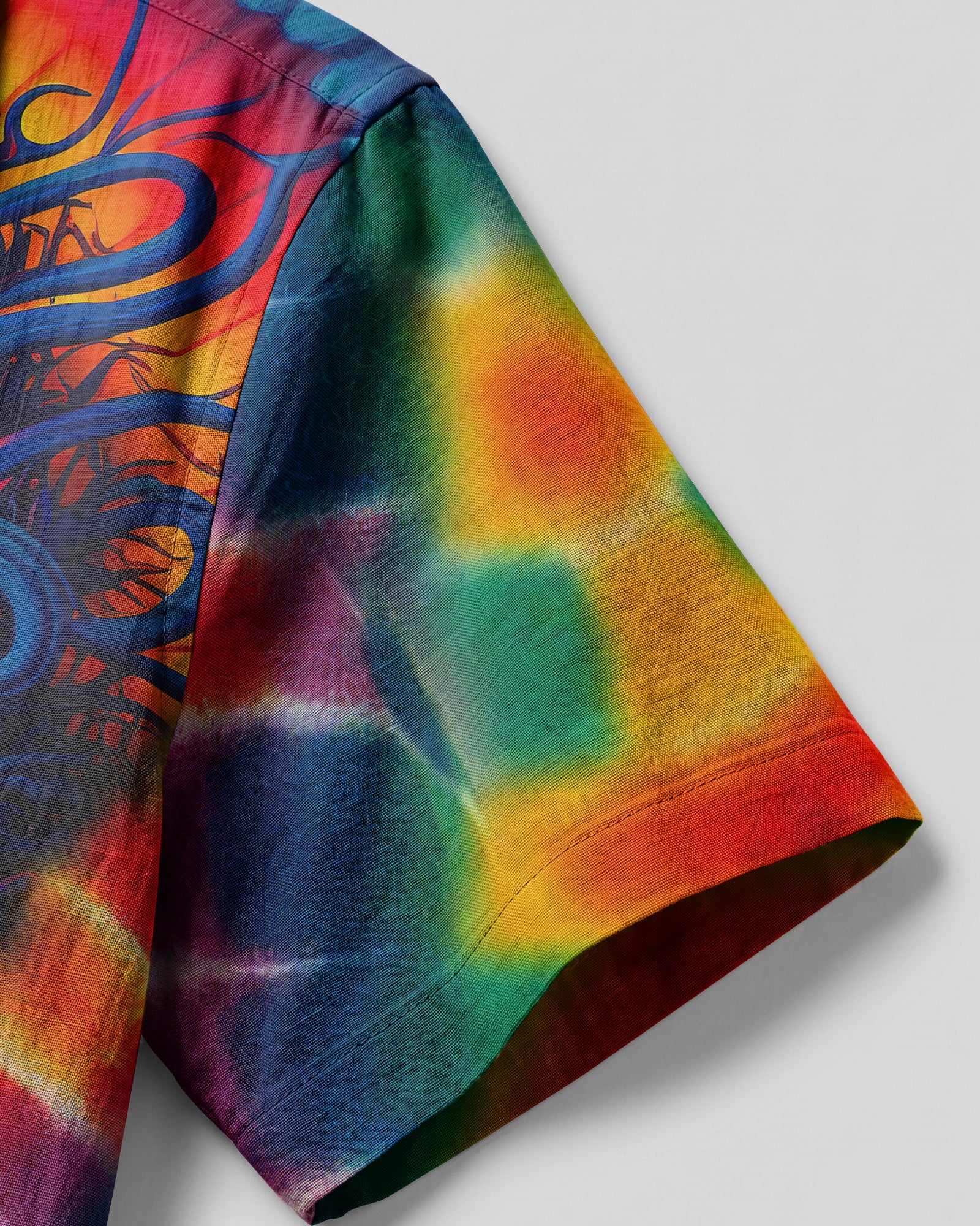 The Eyes Tie Dye Hawaiian Shirt Lifestyle shot of the eyes tie dye camp shirt being worn at a summer festival, radiating colorful vibes.