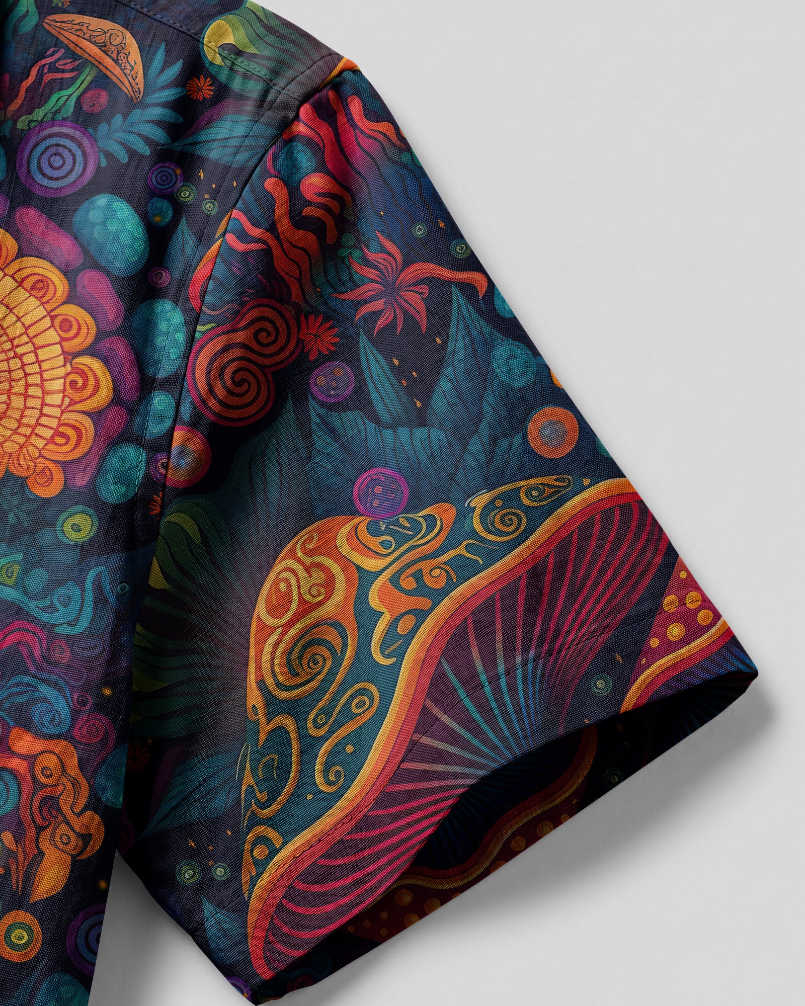 Psychedelic Mushrooms Hawaiian Shirt Back view of the psychedelic mushrooms camp shirt showcasing a colorful mushroom pattern against a dark background.