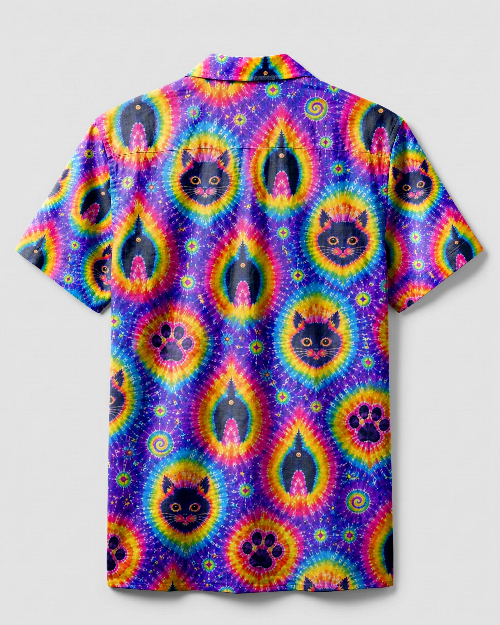Funny Cat Paw Print Camp Shirt Back view of the funny cat paw print camp shirt showcasing the colorful tie-dye pattern and playful paw prints.