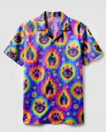 Front view of the funny cat paw print camp shirt featuring vibrant colors and playful cat designs.