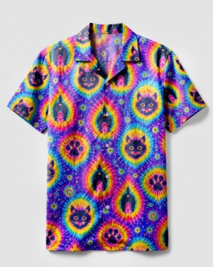 Front view of the funny cat paw print camp shirt featuring vibrant colors and playful cat designs.