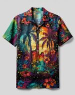 Front view of the Find Me Where The Music Meets The Ocean shirt, featuring vibrant colors and floral designs.